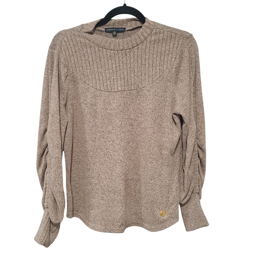 Adrienne Vittadini Womens Heathered Taupe Ruched Sleeve Ribbed Yoke Top Size M